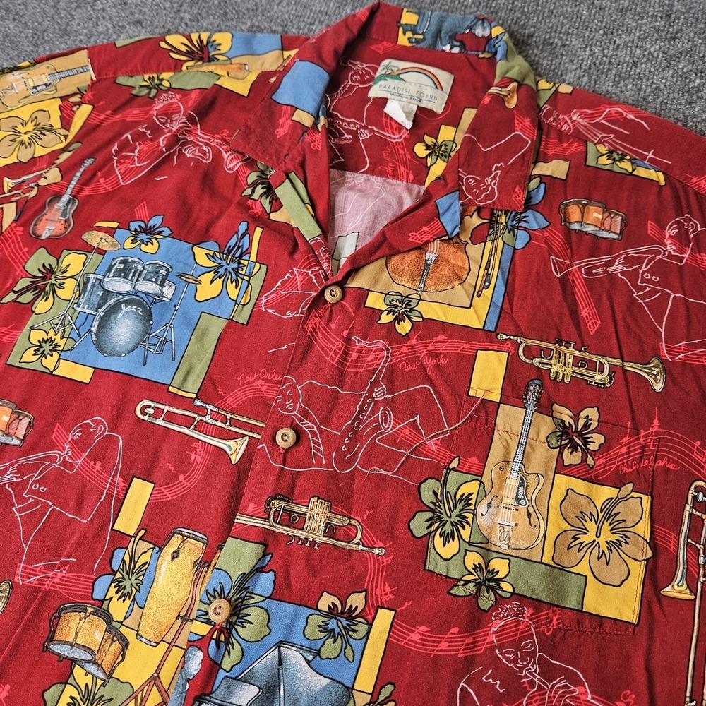 Paradise Found Mens Jazz Theme Hawaiian Shirt Size 2XL Musician Music Jazzfest